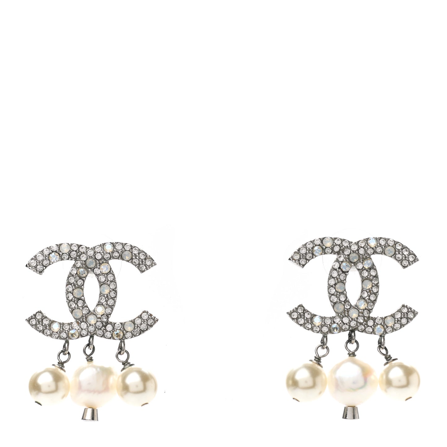 Crystal Pearl CC Drop Earrings Silver Pearly White