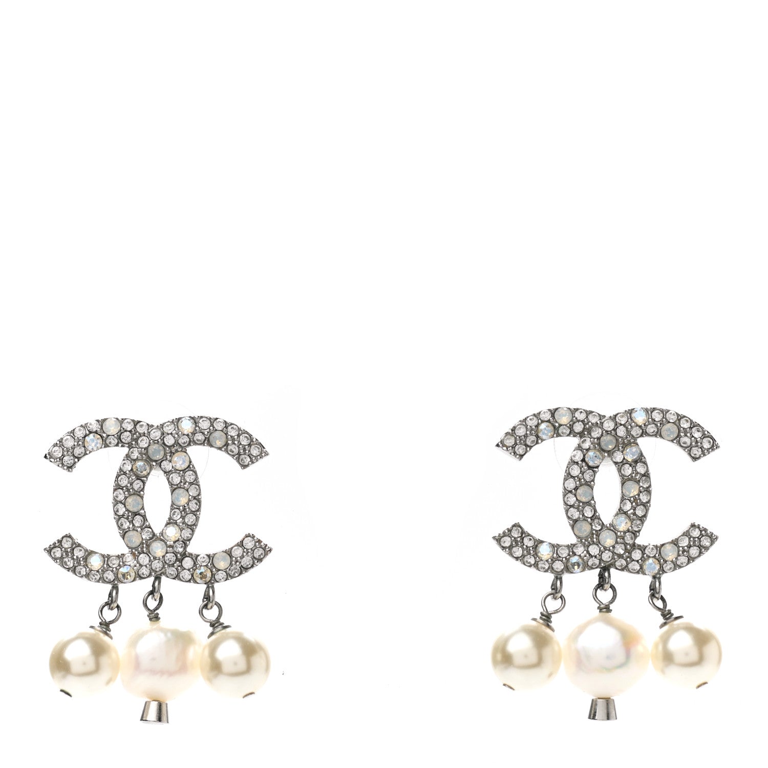 Chanel Crystal Pearl CC Drop Earrings Silver Pearly White 1 of 4