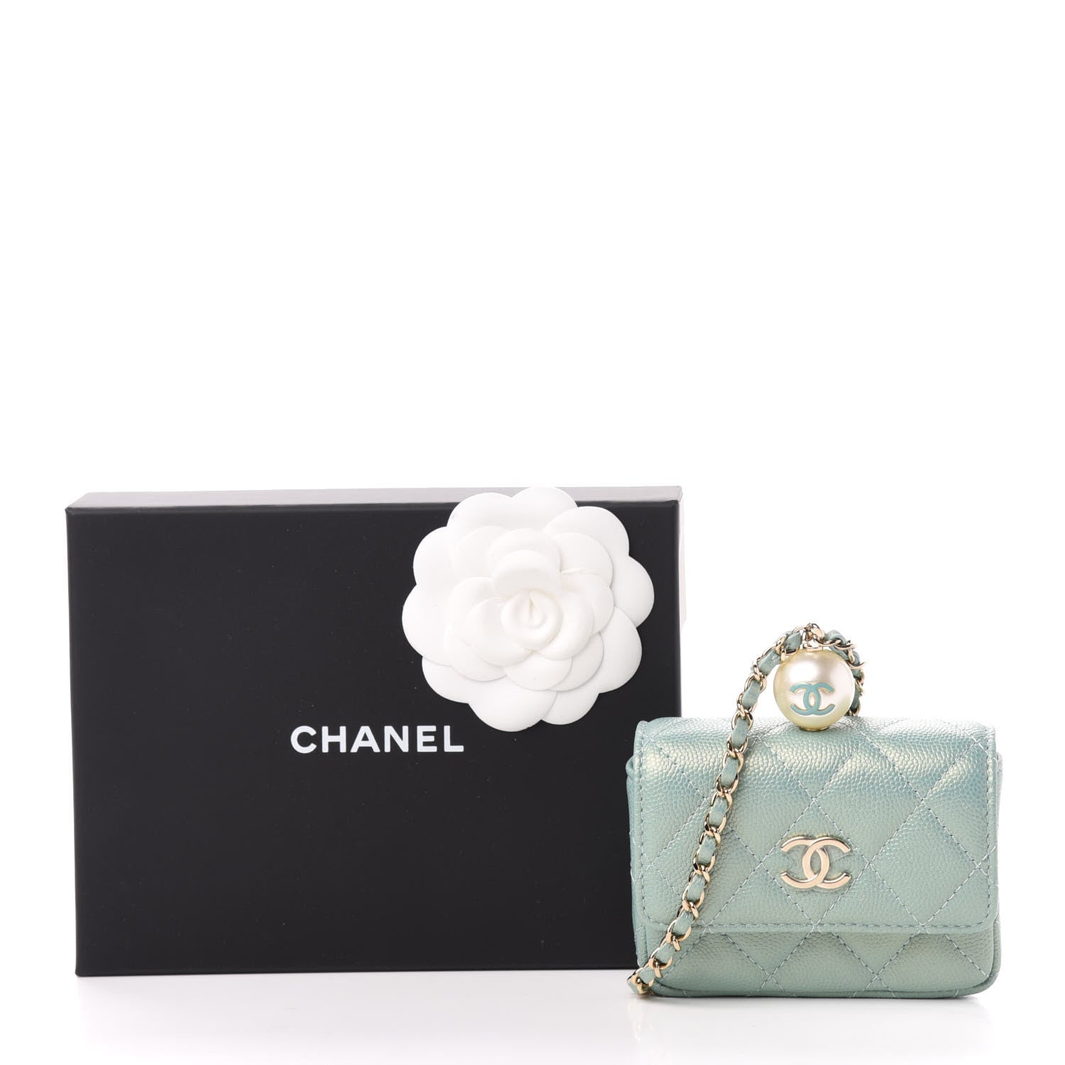 Chanel Iridescent Caviar Quilted Pearl On Top Coin Purse With Chain Light Green 12 of 12