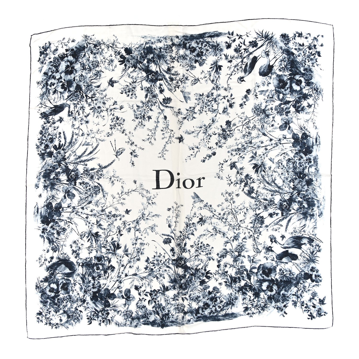 Christian Dior Wool Silk Toile De Jouy  Floral Garden Shawl 140 White Navy Blue 1 of 3