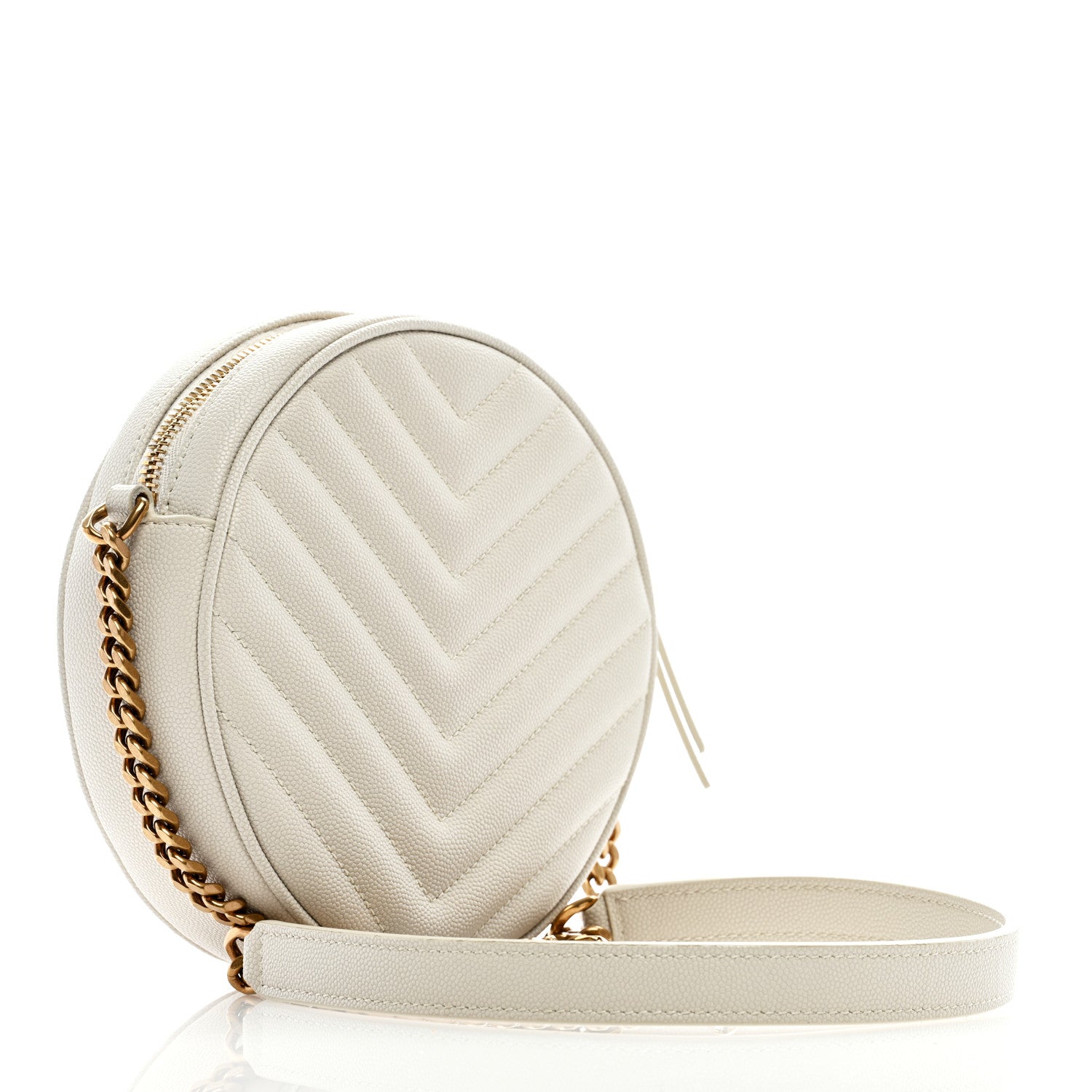 Saint Laurent Grain De Poudre Matelasse Chevron Quilted Round Vinyle Camera Bag White 2 of 7