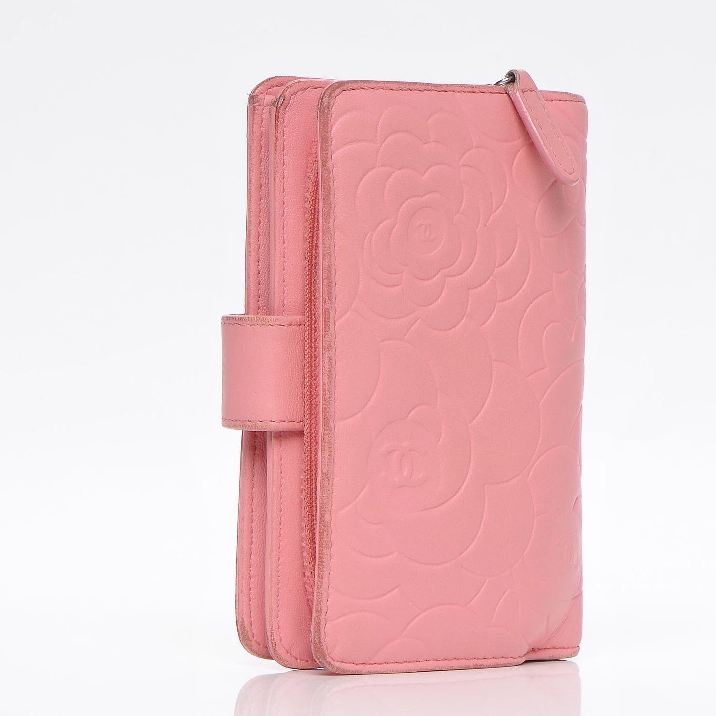 Lambskin Camellia Embossed L-Zip Pocket Wallet Pink