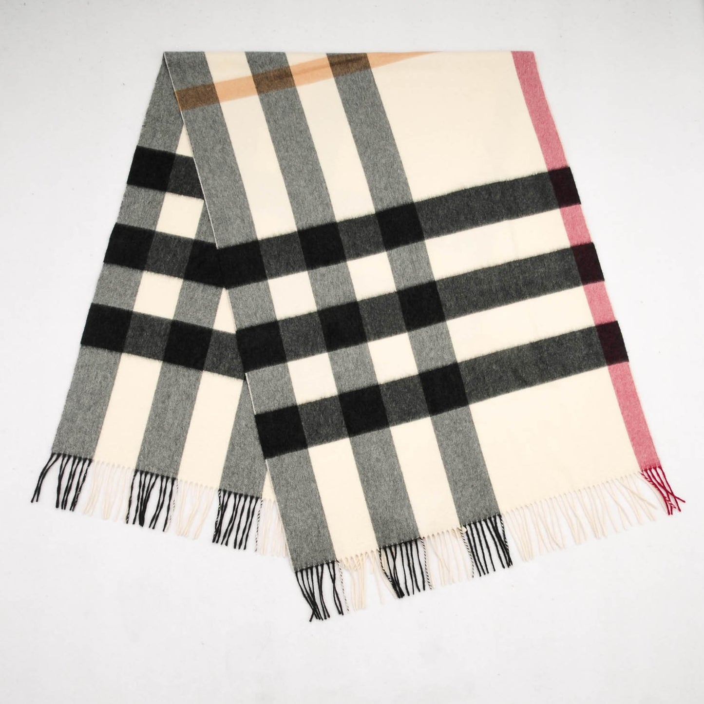 Cashmere Half Mega Check Fringe Scarf Ivory