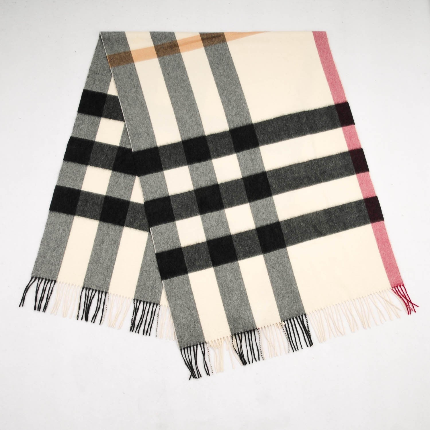 Burberry Cashmere Half Mega Check Fringe Scarf Ivory 3 of 4