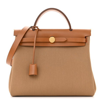 Hermes Military Toile Vache Hunter Herbag Zip Retourne 31 PM Chai Fauve 1 of 12