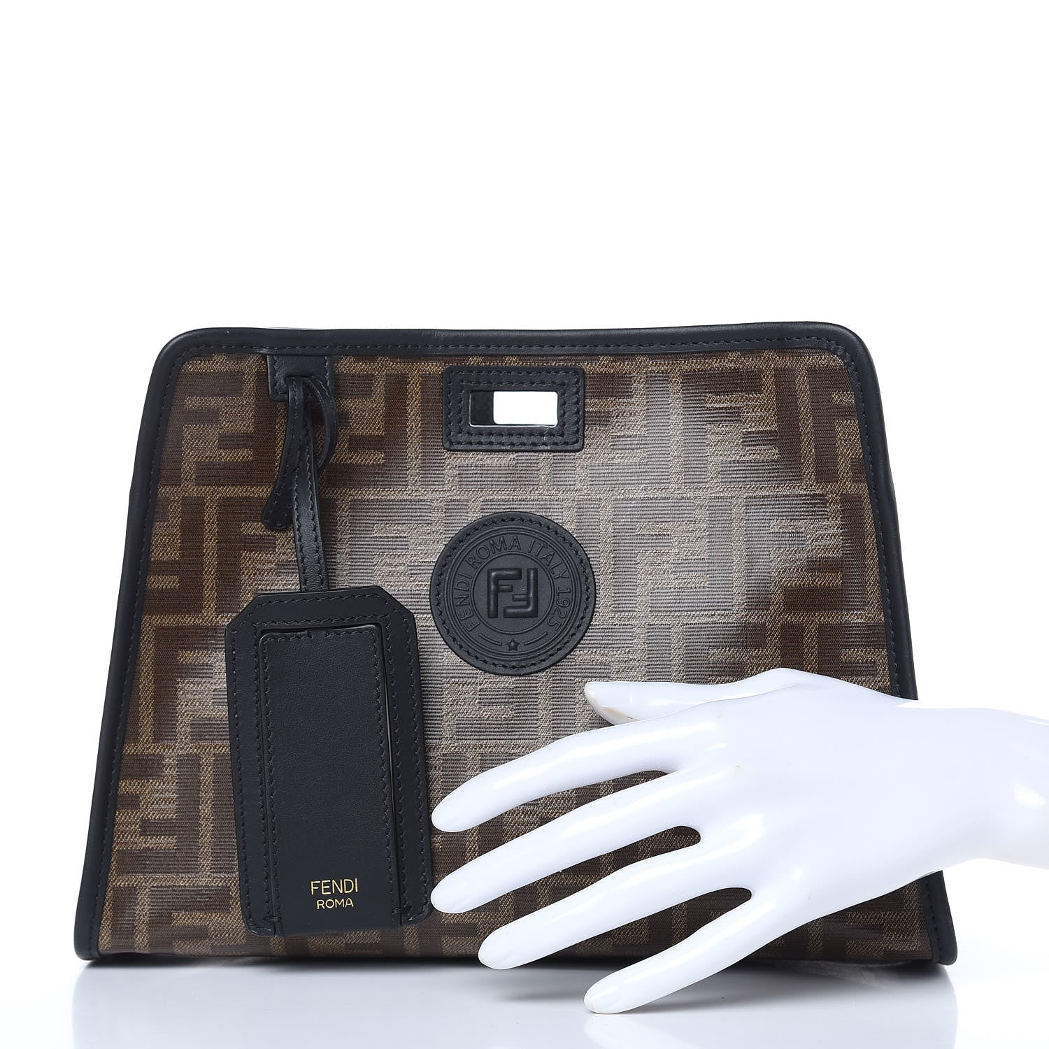 Fendi Glazed Fabric Vitello Century FF 1974 Stamp Patch Mini Peekaboo Defender Cover Mogano Panna Black 2 of 9