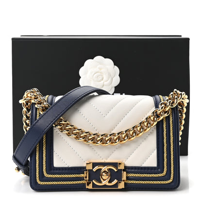 Chanel Calfskin Chevron Quilted Braided Small Boy Flap White Navy 11 of 11
