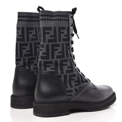 Fendi Calfskin Stretch Fabric FF Rockoko Biker Boots 38 Black Charcoal 4 of 8
