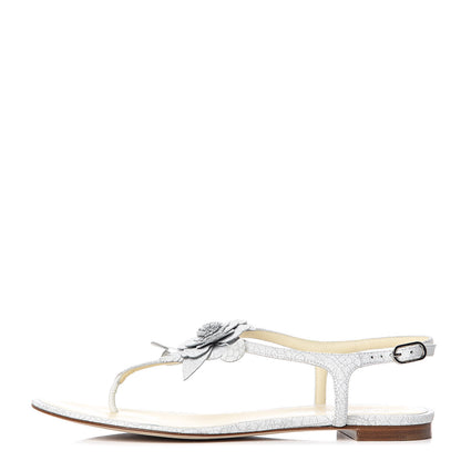 Chanel Crackled Lambskin Camellia Thong Sandals 39.5 White 1 of 11