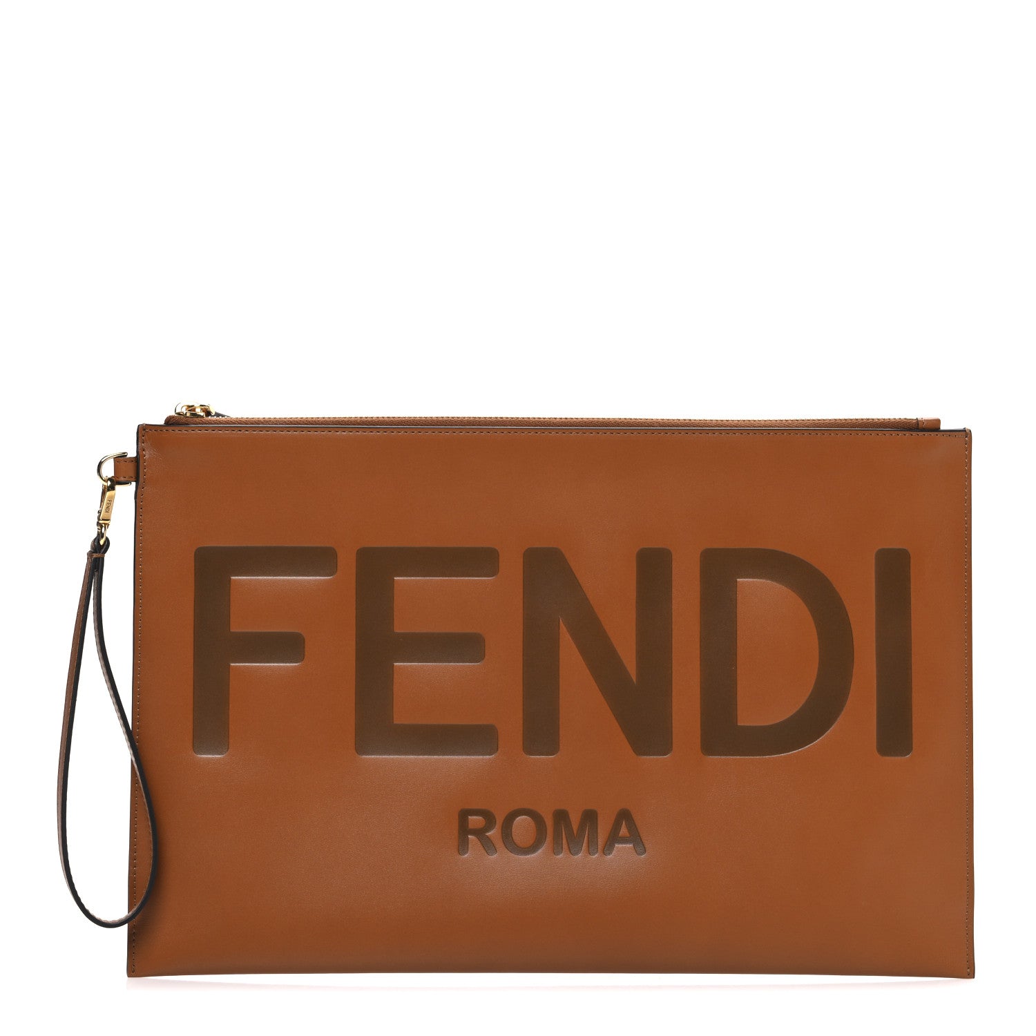 Fendi Vitello King Logo Embossed Large Flat Pouch Cuoio 1834436