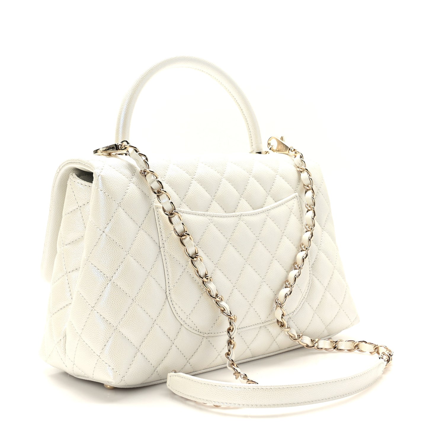 Iridescent Caviar Quilted Small Coco Handle Flap White