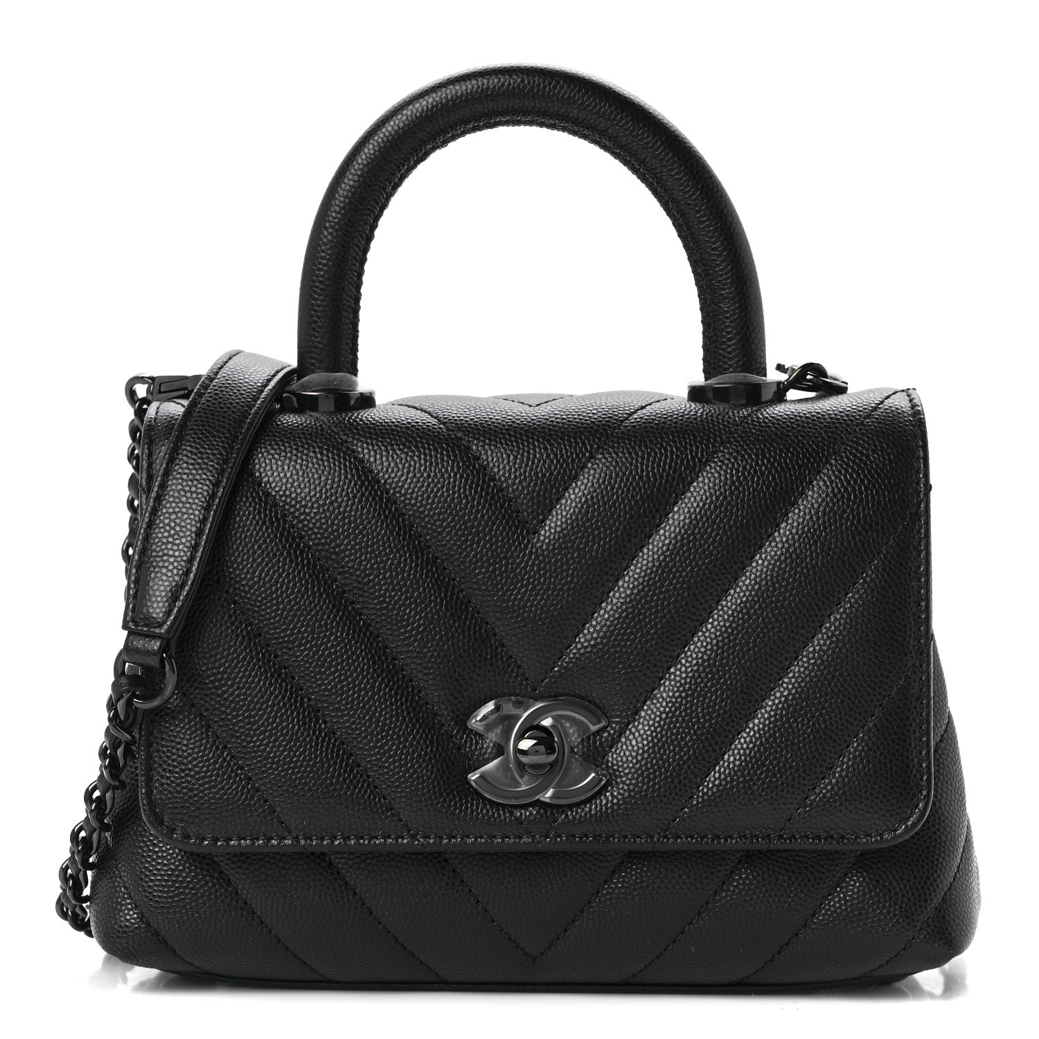 Chanel Caviar Chevron Quilted Extra Mini Coco Handle Flap So Black 1 of 9