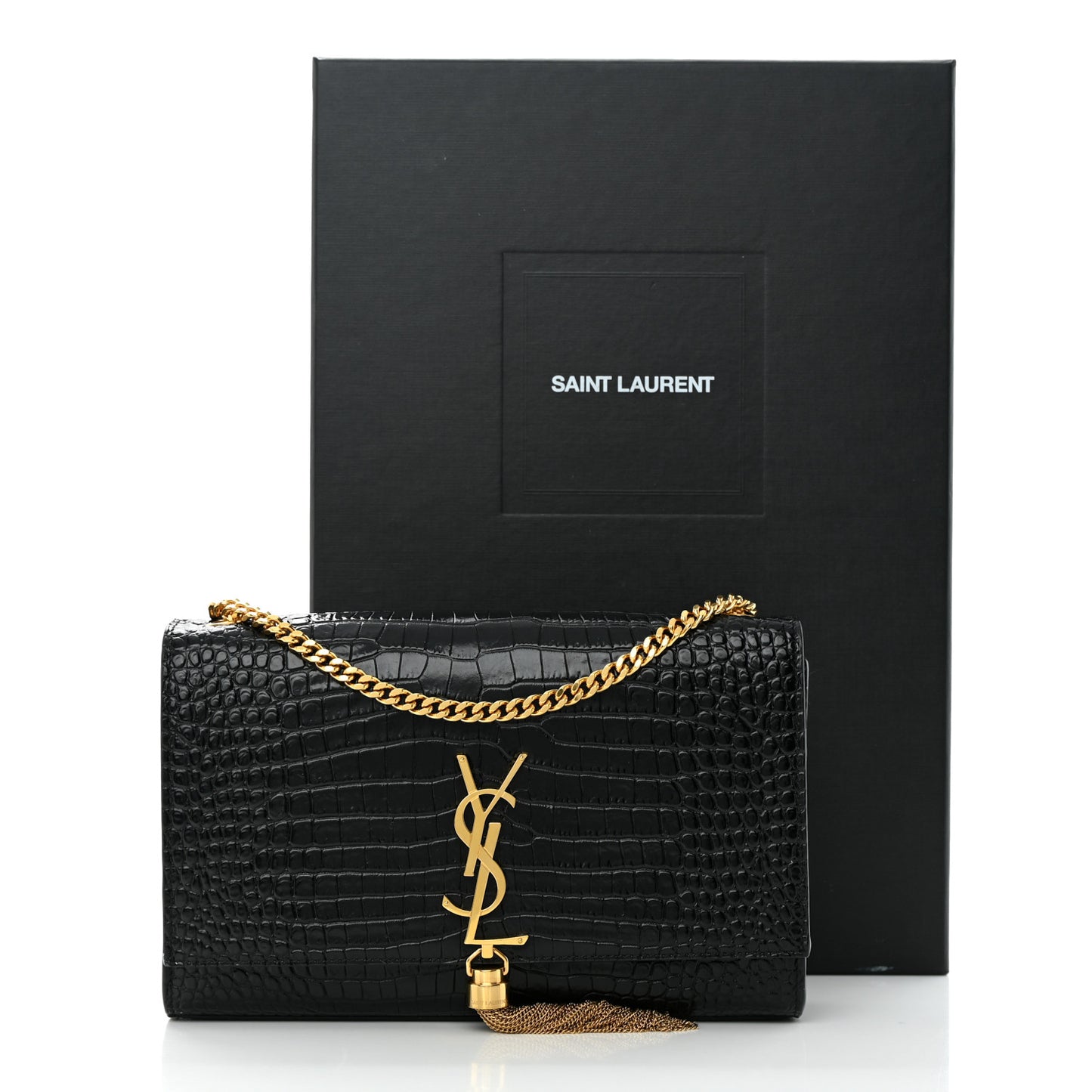 Calfskin Crocodile Embossed Medium Classic Monogram Kate Tassel Satchel Black