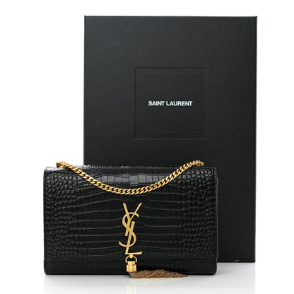 Saint Laurent Calfskin Crocodile Embossed Medium Classic Monogram Kate Tassel Satchel Black 13 of 13