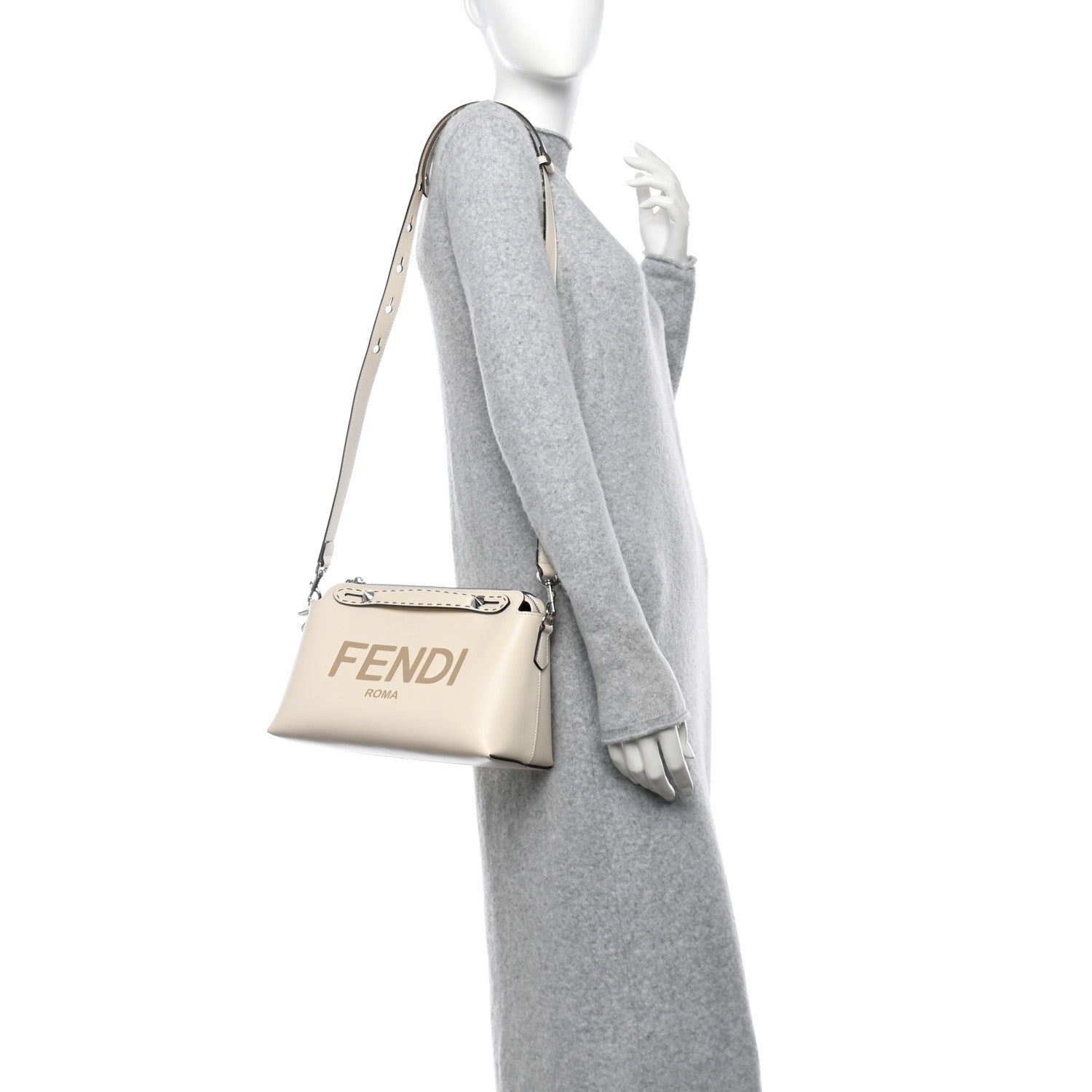 Fendi Vitello King Logo Embossed Medium By The Way Boston Bag White Ice 2 of 11