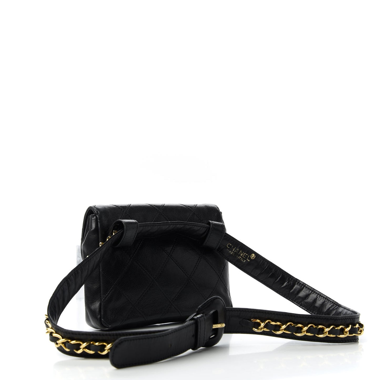 Calfskin Diamond Embossed Flap Waist Belt Bag Black