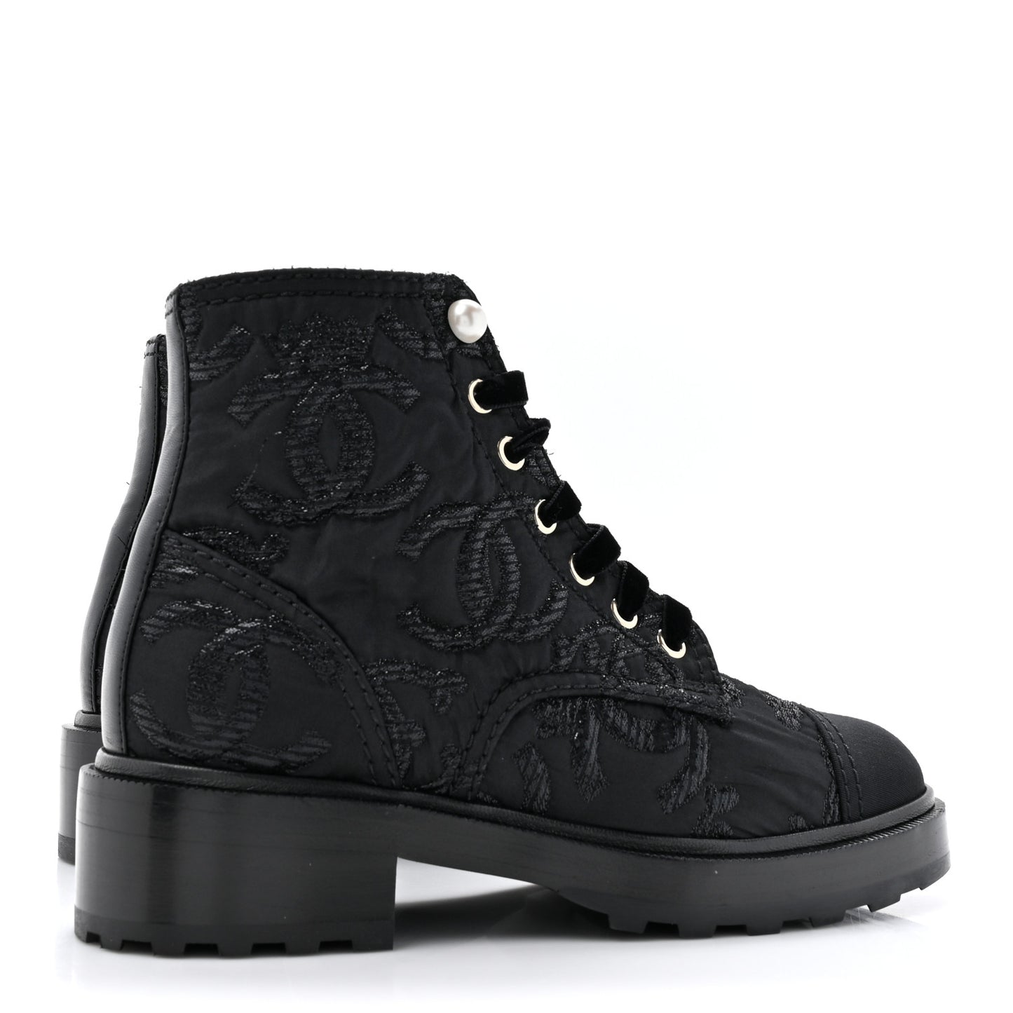 Grosgrain Tweed Pearl CC Combat Short Boots 37 Black