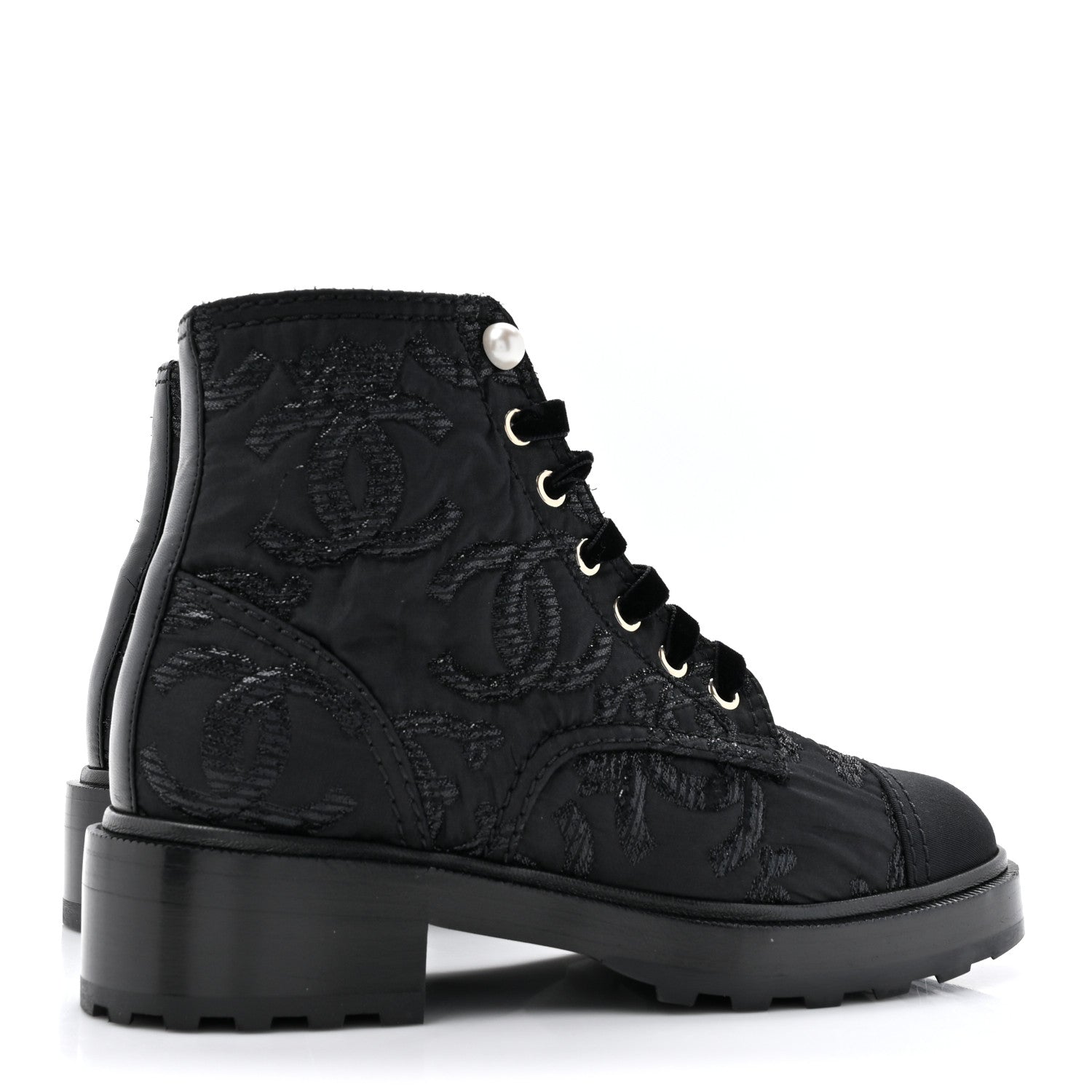 Chanel Grosgrain Tweed Pearl CC Combat Short Boots 37 Black 4 of 11