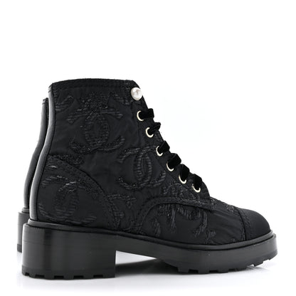 Chanel Grosgrain Tweed Pearl CC Combat Short Boots 37 Black 4 of 11