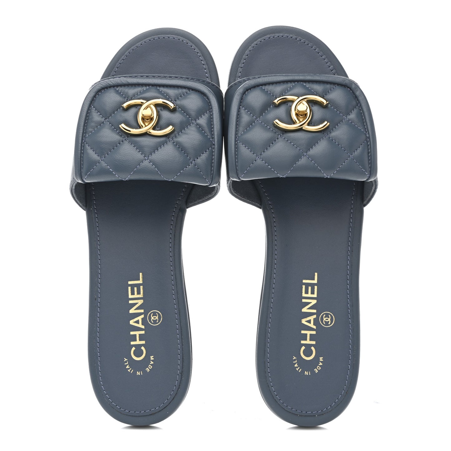 Lambskin Quilted Turnlock Flat Mules 40 Dark Blue