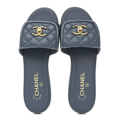 Chanel Lambskin Quilted Turnlock Flat Mules 40 Dark Blue 2 of 10