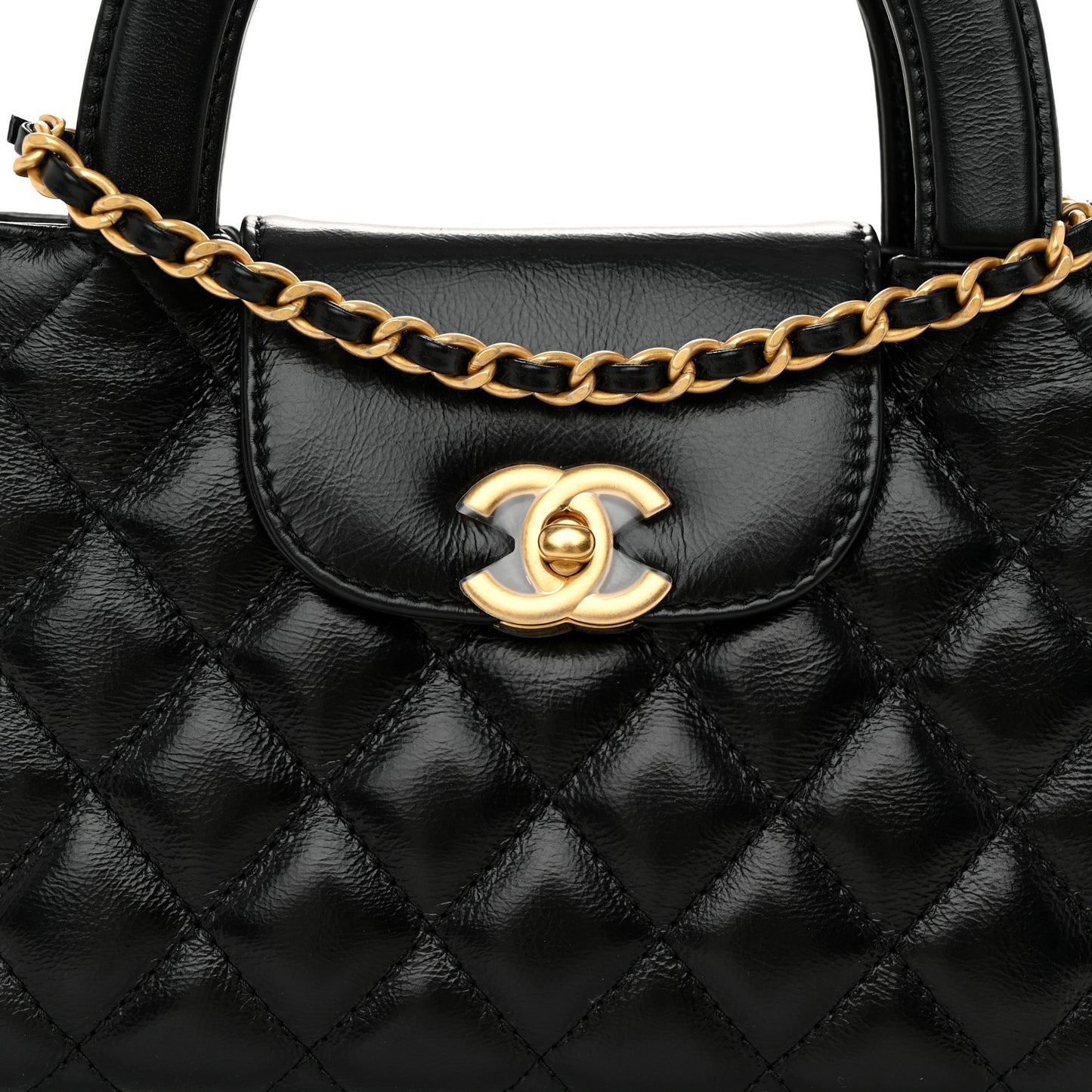 Shiny Aged Calfskin Quilted Nano Kelly Shopper Black