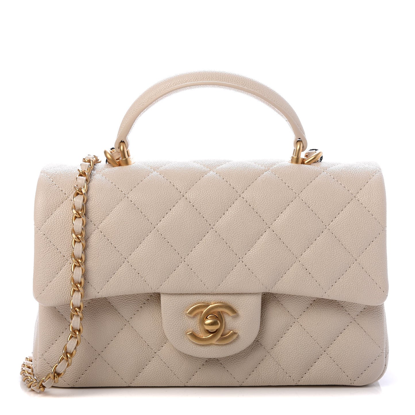 Caviar Quilted Mini Top Handle Rectangular Flap Beige