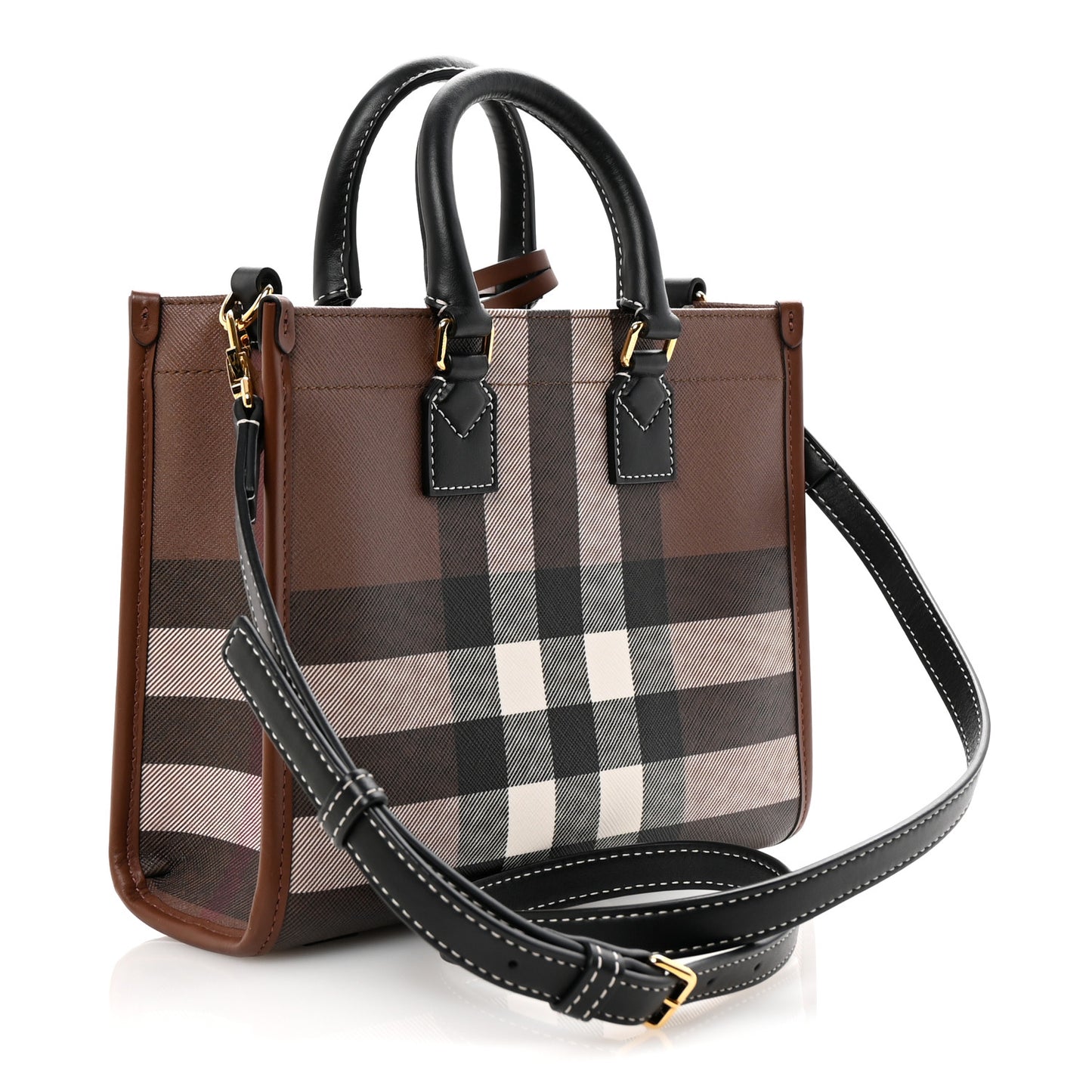 E-Canvas Check Calfskin Mini Freya Tote Dark Birch Brown