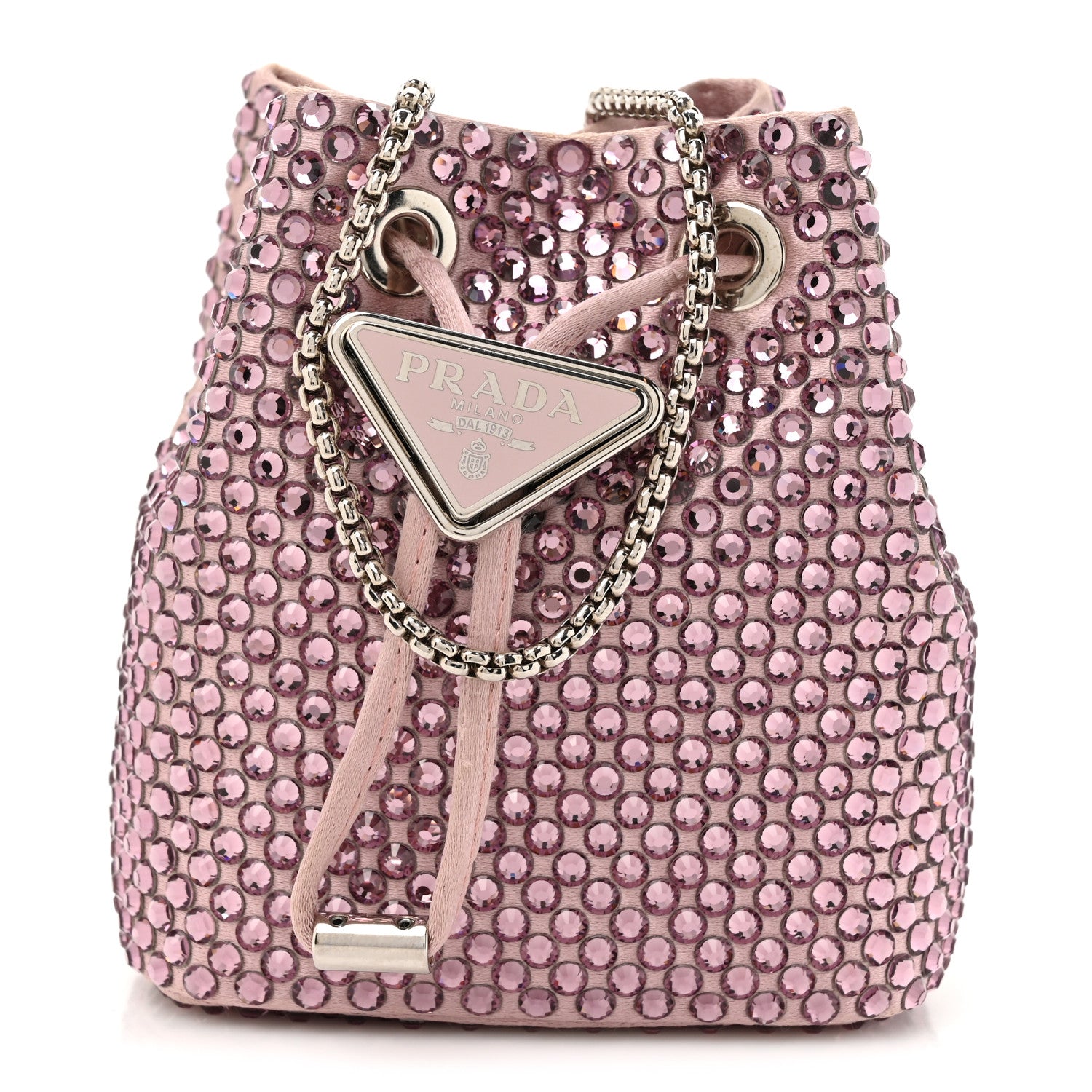 Prada Satin Crystal Metal Triangle Logo Mini Drawcord Pouch Shoulder Bag Alabastro 1 of 10