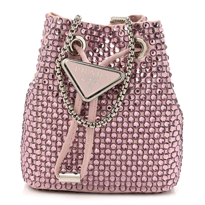 Prada Satin Crystal Metal Triangle Logo Mini Drawcord Pouch Shoulder Bag Alabastro 1 of 10