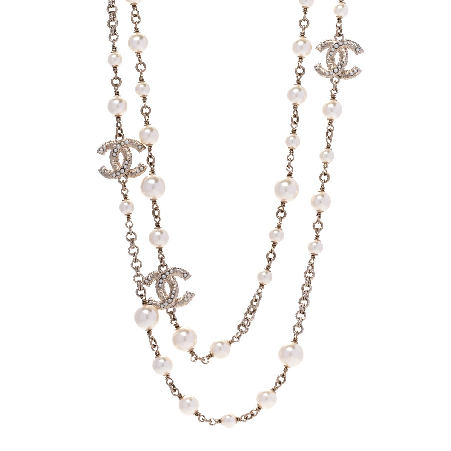 Chanel Graduated Pearl Crystal Twisted CC Long Necklace Gold 1 of 6