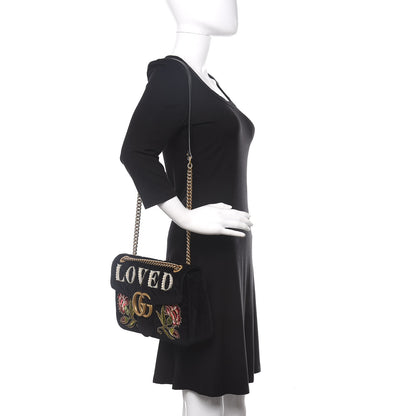 Gucci Velvet Matelasse Loved Embroidered Medium GG Marmont Shoulder Bag Black 2 of 10