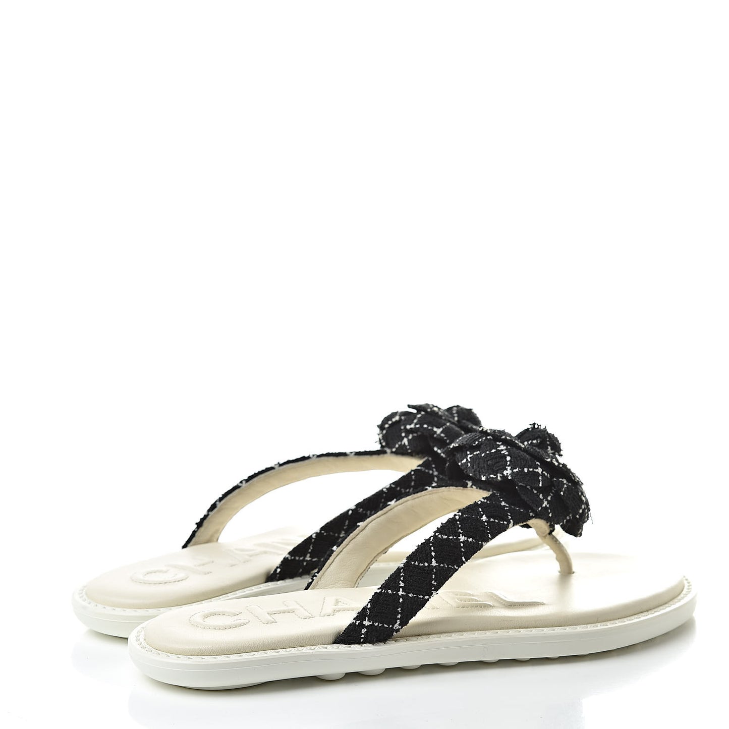 Tweed Quilted Camellia Thong Sandals 36 Black White