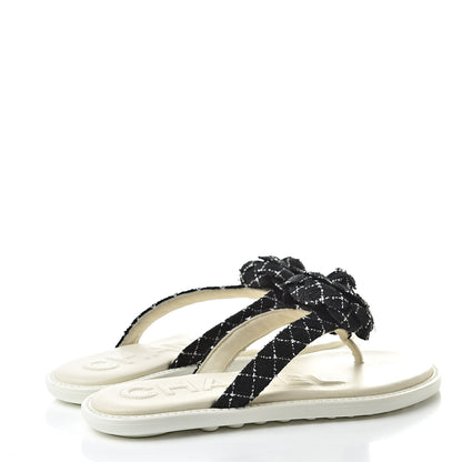 Chanel Tweed Quilted Camellia Thong Sandals 36 Black White 4 of 8