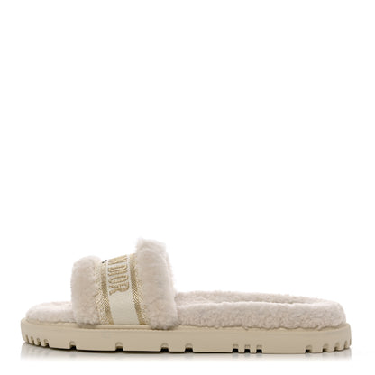 Christian Dior Shearling Canvas Lurex Embroidered Dway 10mm Slide Sandals 40 Natural Platinum 1 of 8