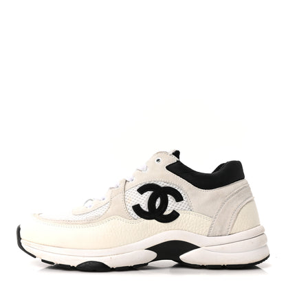 Chanel Mesh Suede Grained Calfskin Womens CC Sneakers 39 White Black 1 of 10