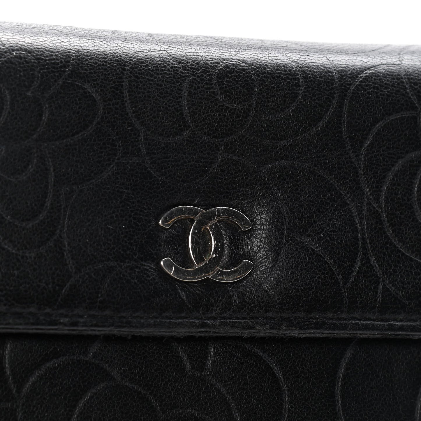 Lambskin Embossed Camellia Large Gusset Flap Wallet Black