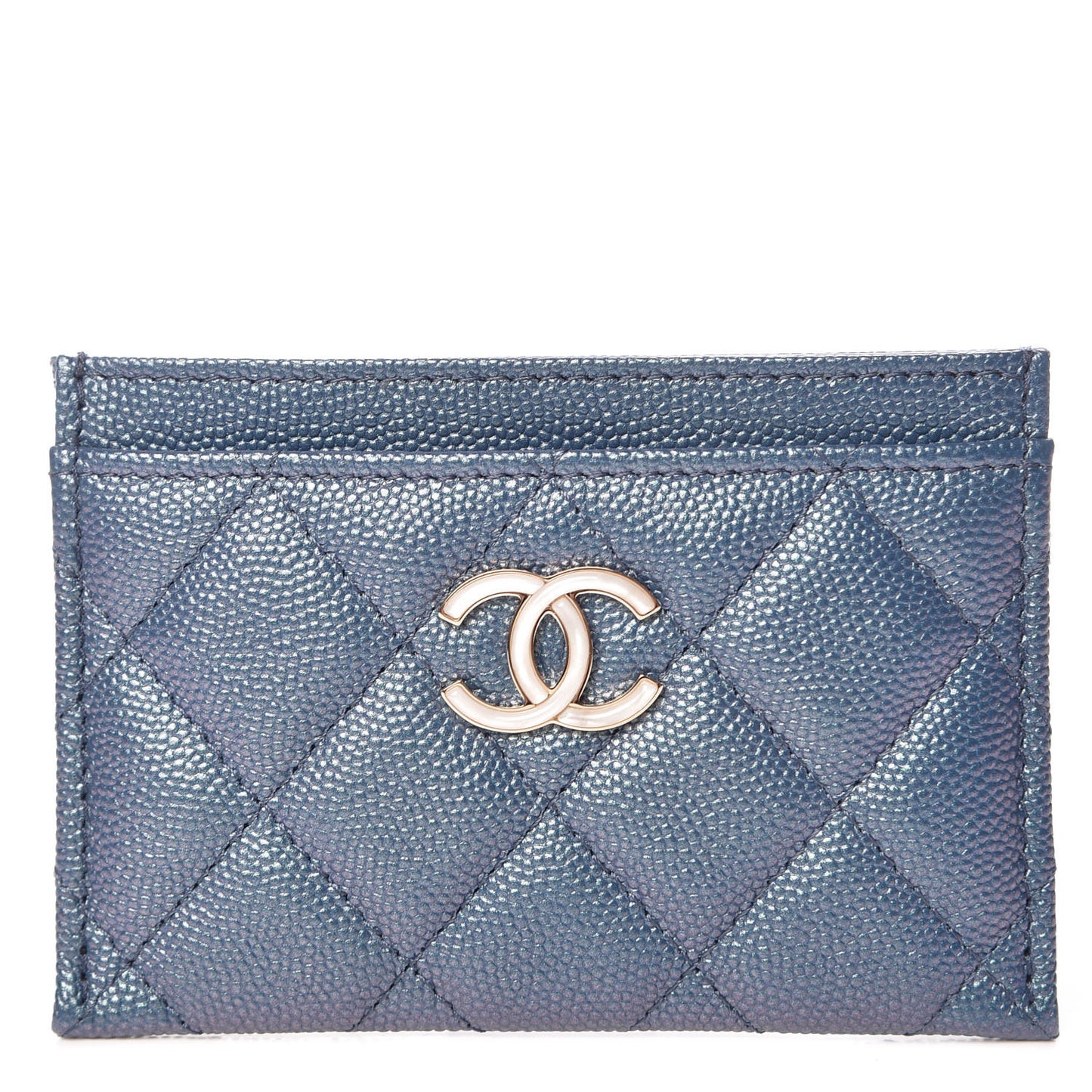 Iridescent Caviar Quilted Card Holder Dark Blue