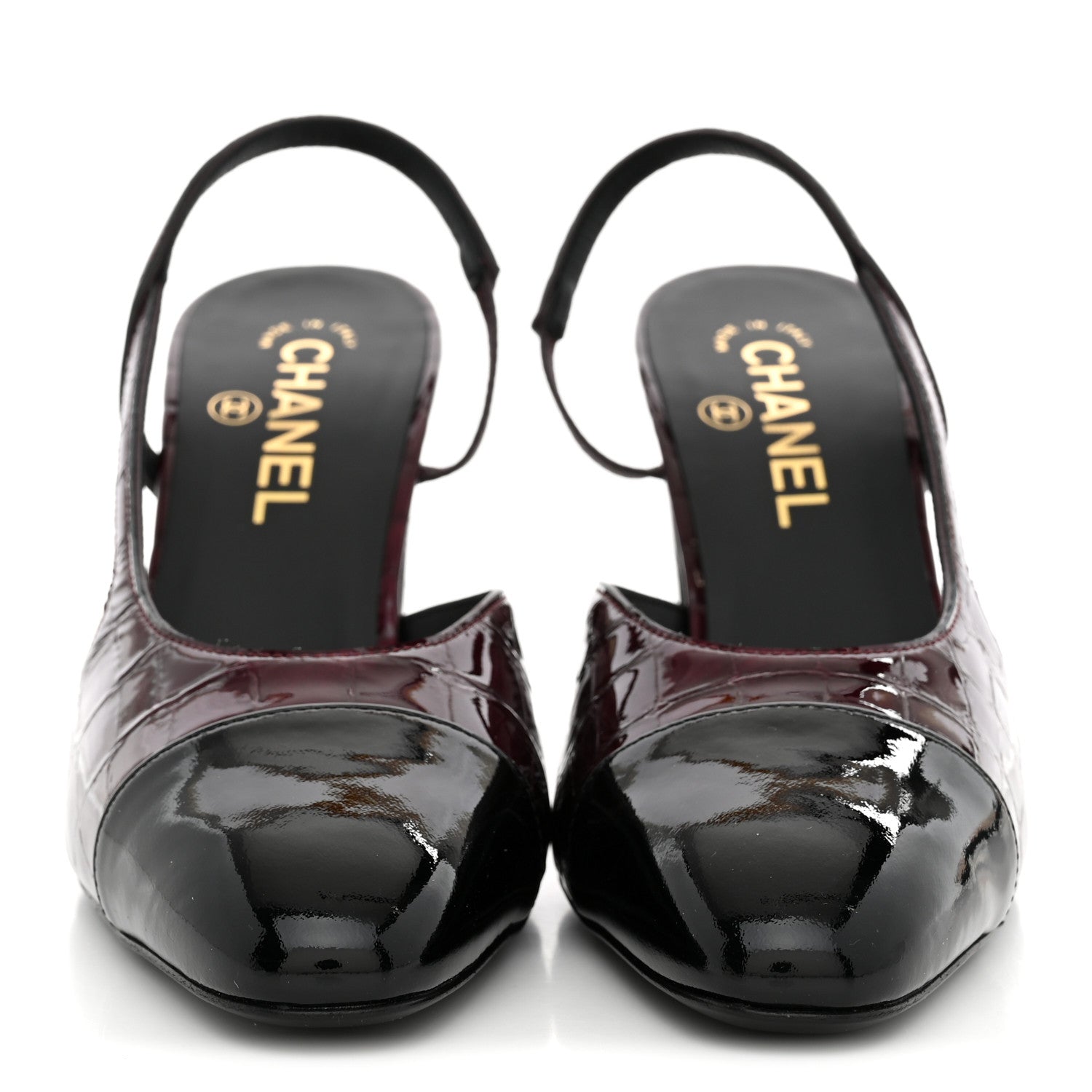 Chanel Patent Calfskin Crocodile Embossed Cap Toe CC Slingback 38 Dark Burgundy Black 3 of 10