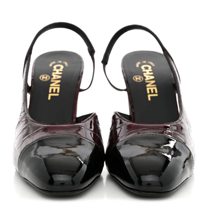 Chanel Patent Calfskin Crocodile Embossed Cap Toe CC Slingback 38 Dark Burgundy Black 3 of 10