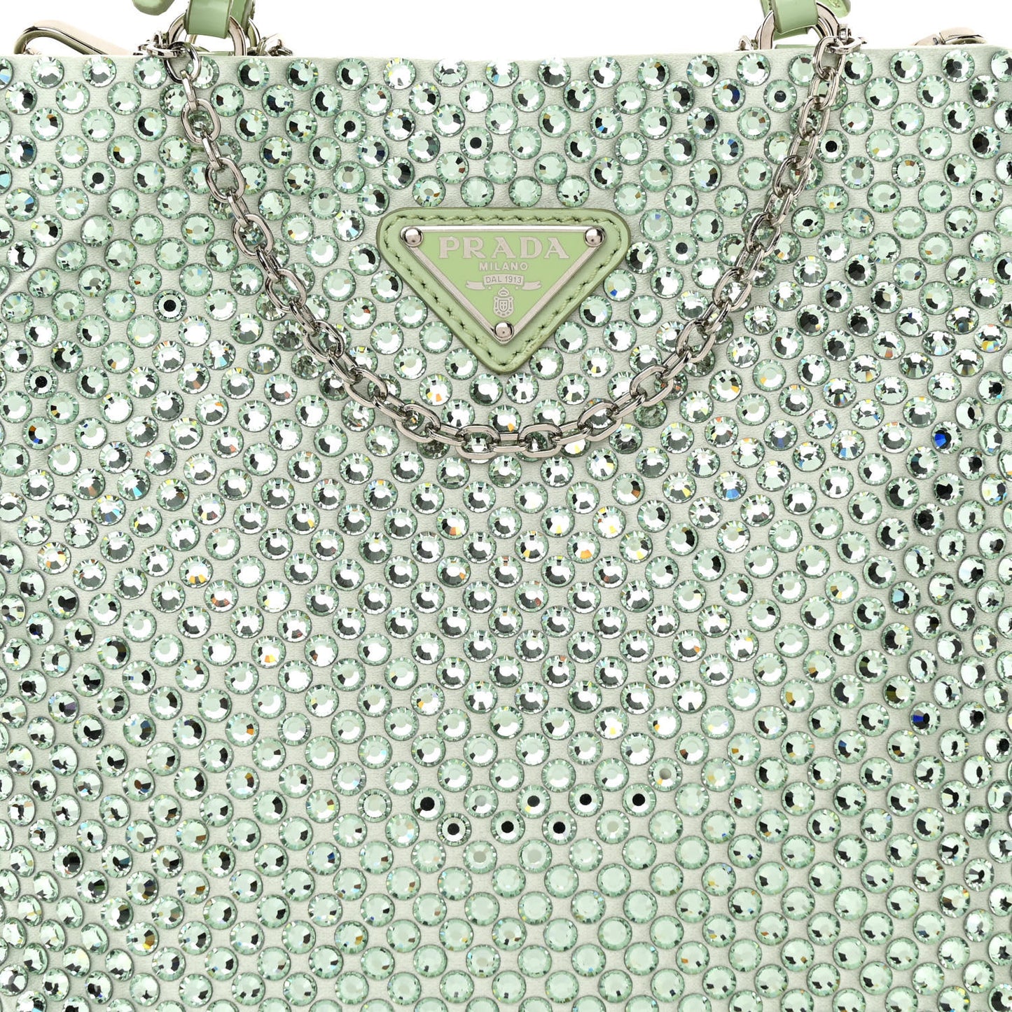 Satin Crystal Metal Triangle Logo Chain Crossbody Handbag Acqua Acqua