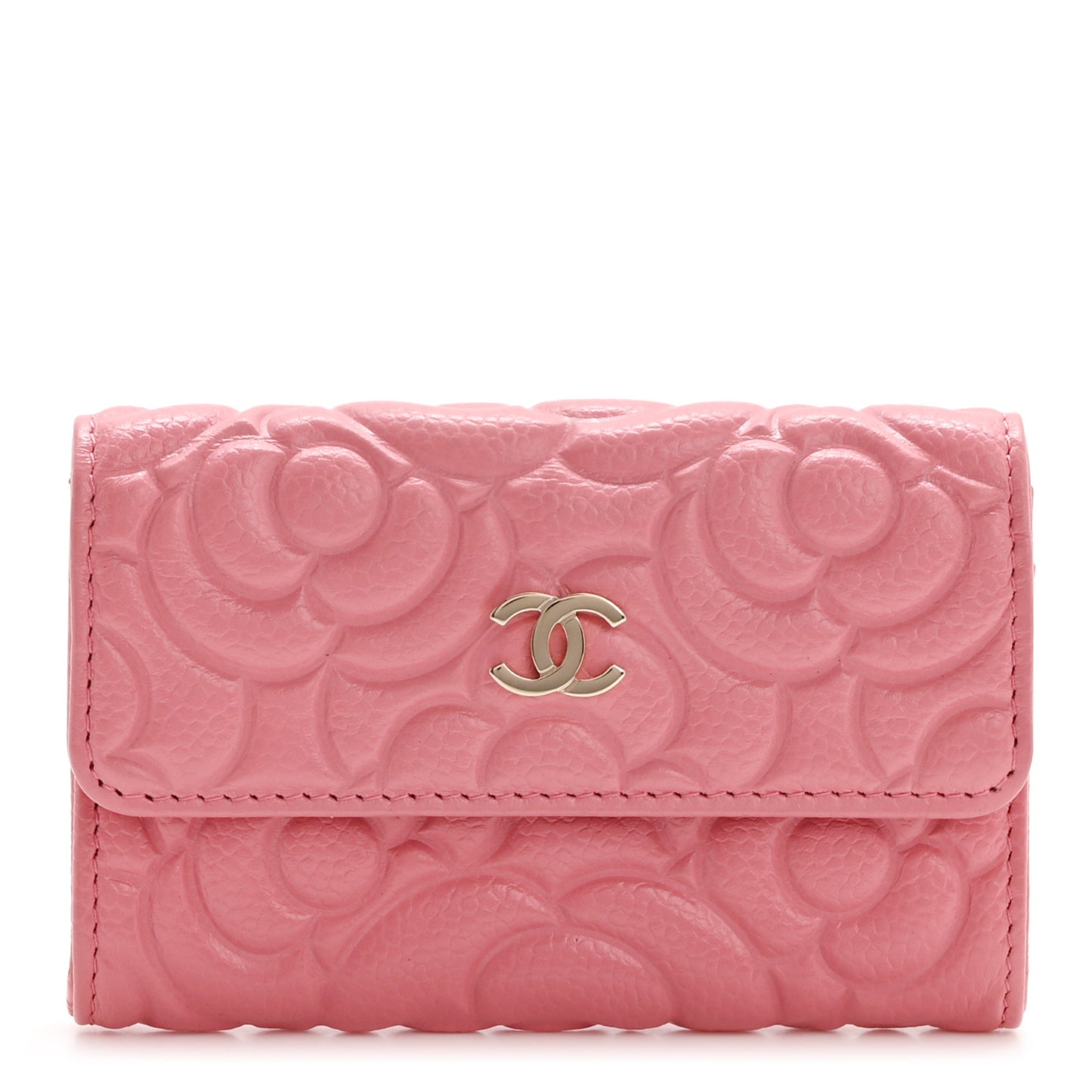Caviar Camellia Embossed Card Holder Wallet Pink
