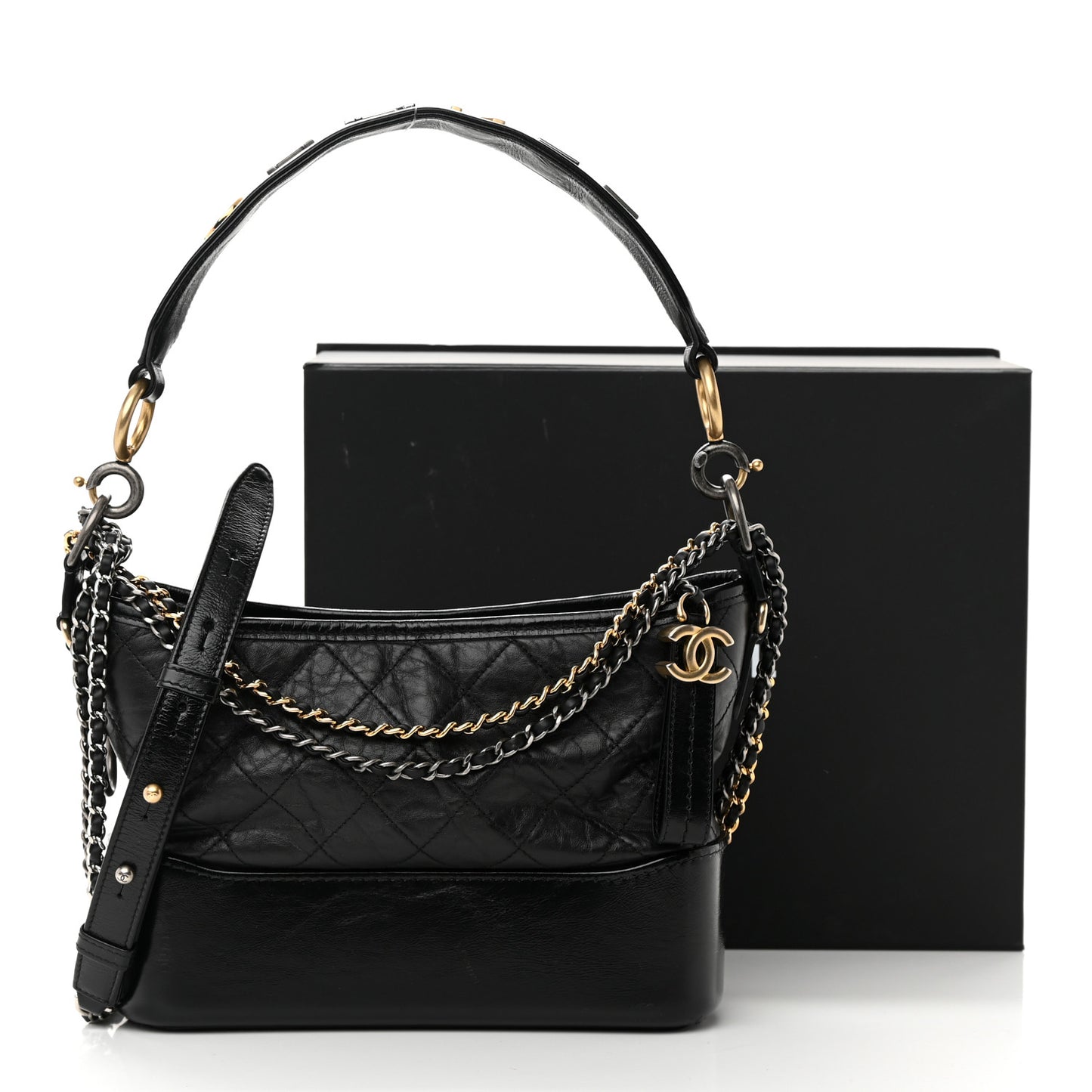 Aged Smooth Calfskin Quilted Medium Gabrielle Logo Hobo Black
