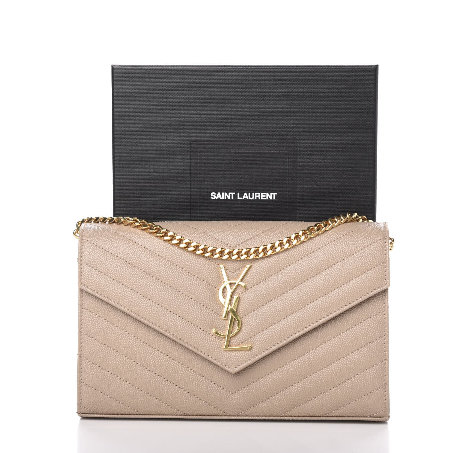Saint Laurent Grain De Poudre Matelasse Chevron Monogram Chain Wallet Dark Beige 10 of 10