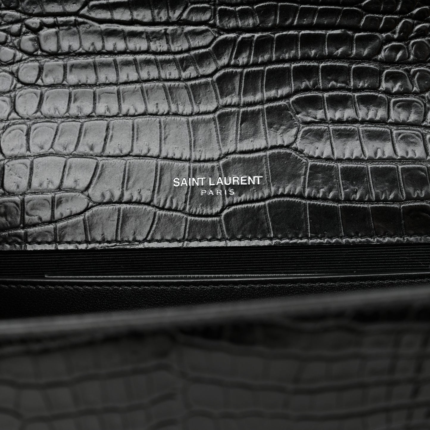 Calfskin Crocodile Embossed Medium Classic Monogram Kate Tassel Satchel Black