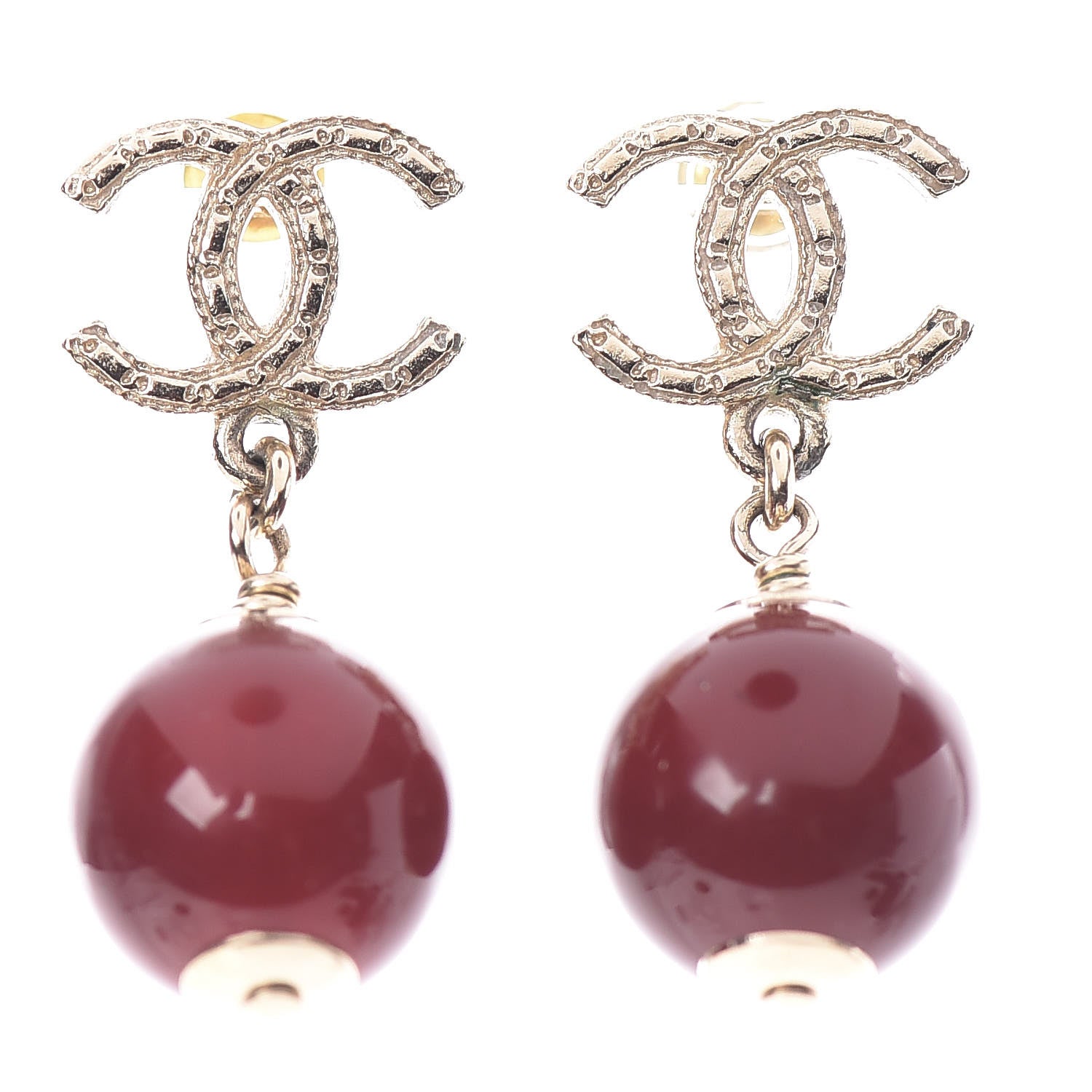 Chanel CC Bead Drop Earrings Gold Red 1 of 4