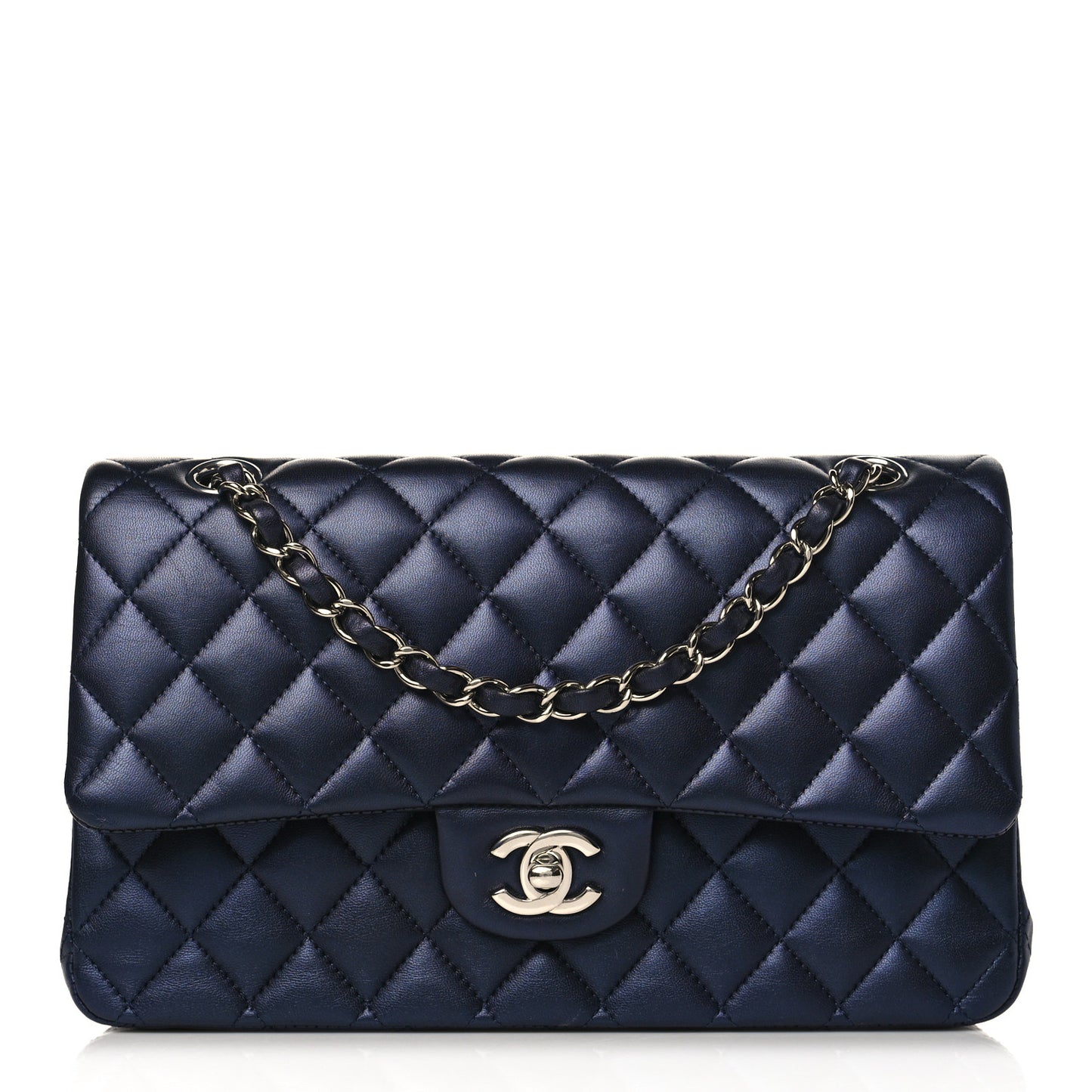 Iridescent Calfskin Quilted Medium Double Flap Navy