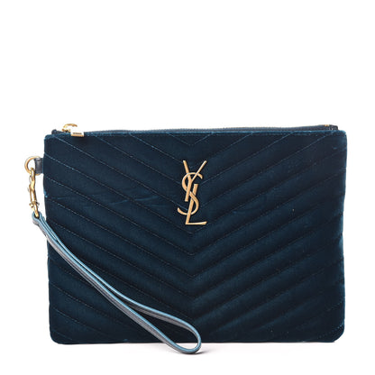 Saint Laurent Velvet Matelasse Chevron Monogram A5 Wristlet Dark Ottanio 1 of 10