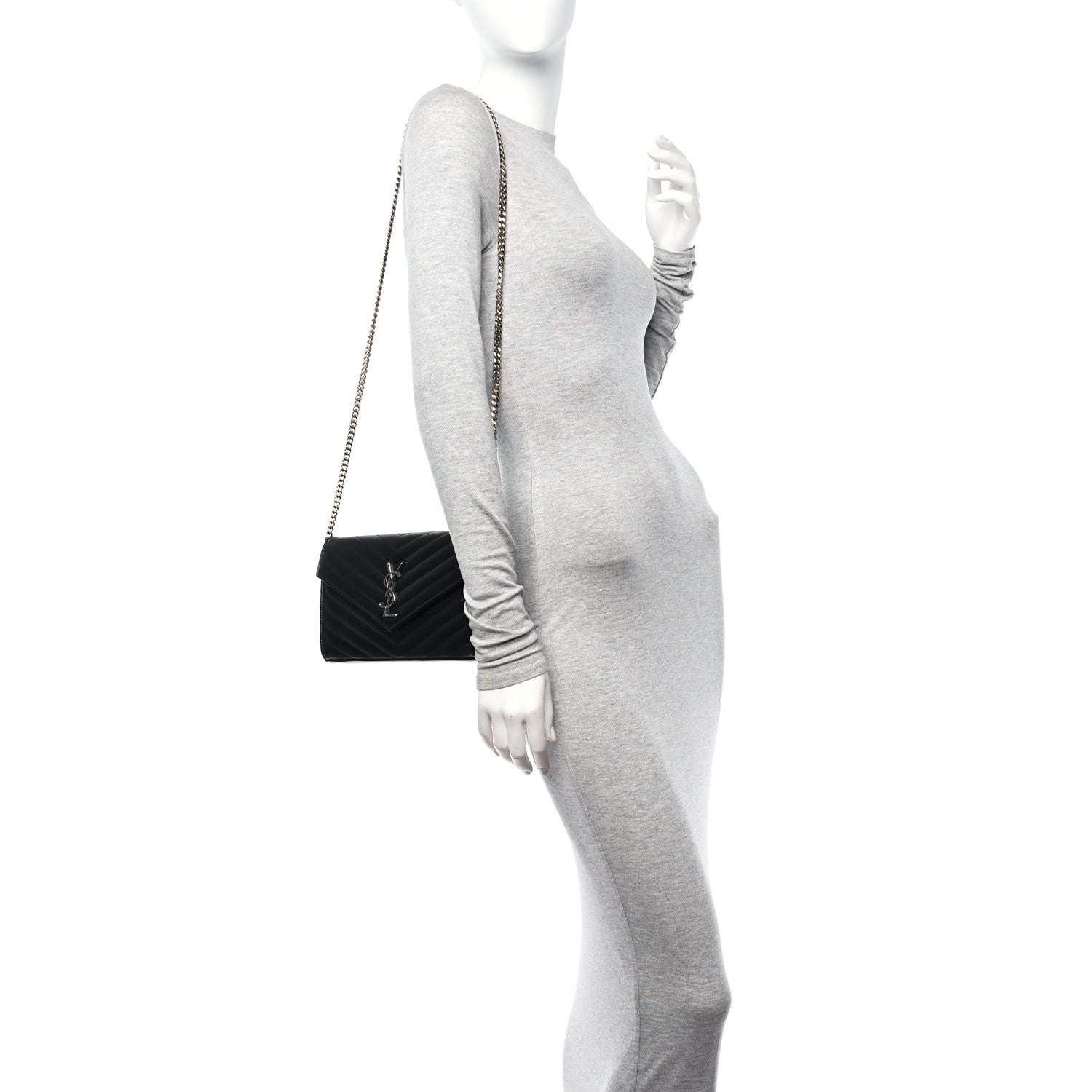 Saint Laurent Grain De Poudre Matelasse Chevron Monogram Chain Wallet Black 2 of 10