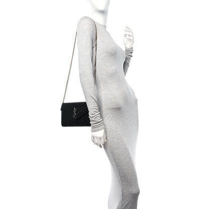 Saint Laurent Grain De Poudre Matelasse Chevron Monogram Chain Wallet Black 2 of 10